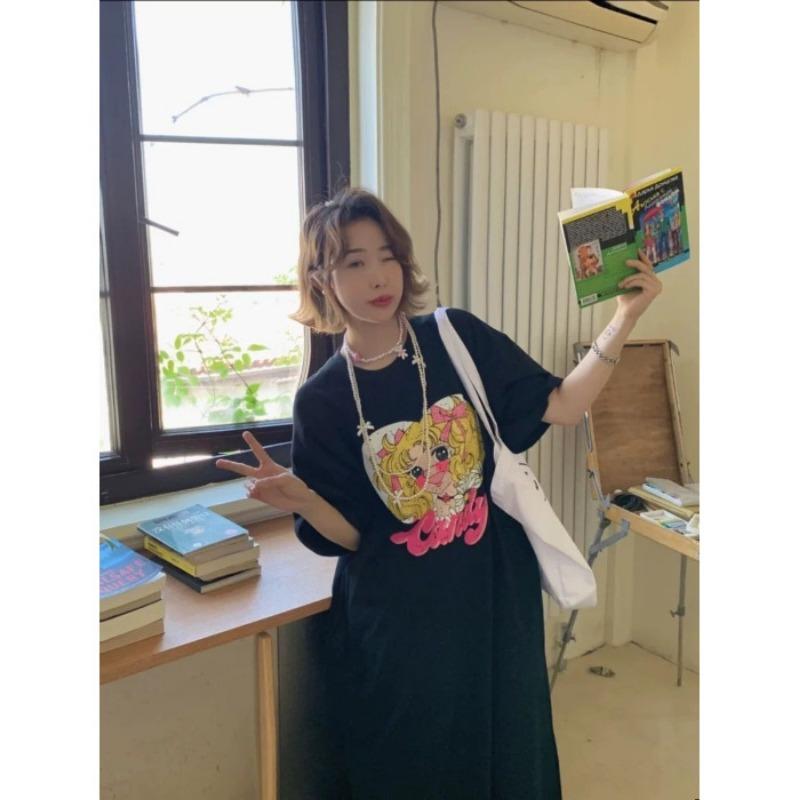 

Простое платье-футболка с короткими рукавами, летняя свободная футболка средней длины, повседневное утягивающее платье XL чёрный