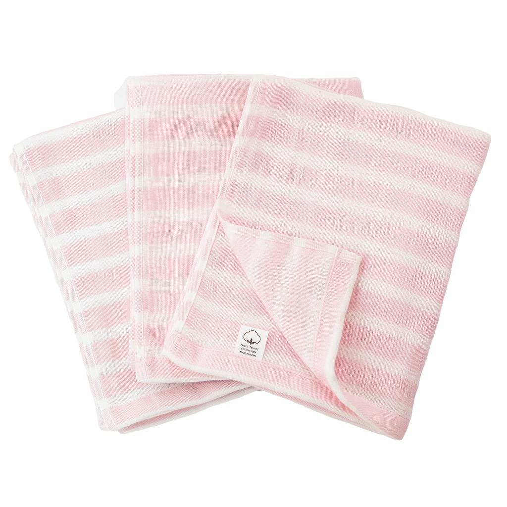 Mukotowel Gauze Border Face Senshu Made in Set of Pale Pink Double-Ply Towels, Towels, Thin, Japan, Quick-Drying, 3,