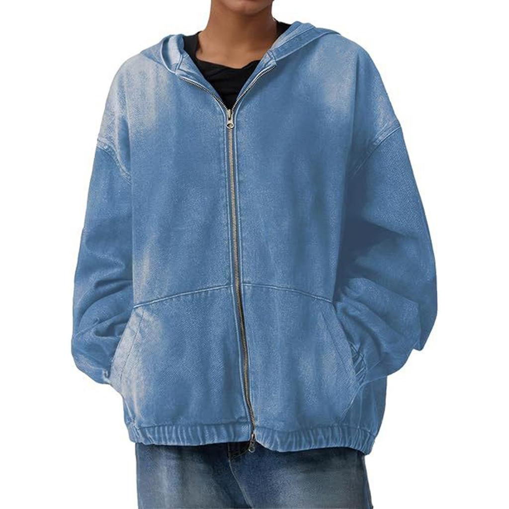 Women's Fashion Casual Zipper Denim Hooded Denim Jacket Coat