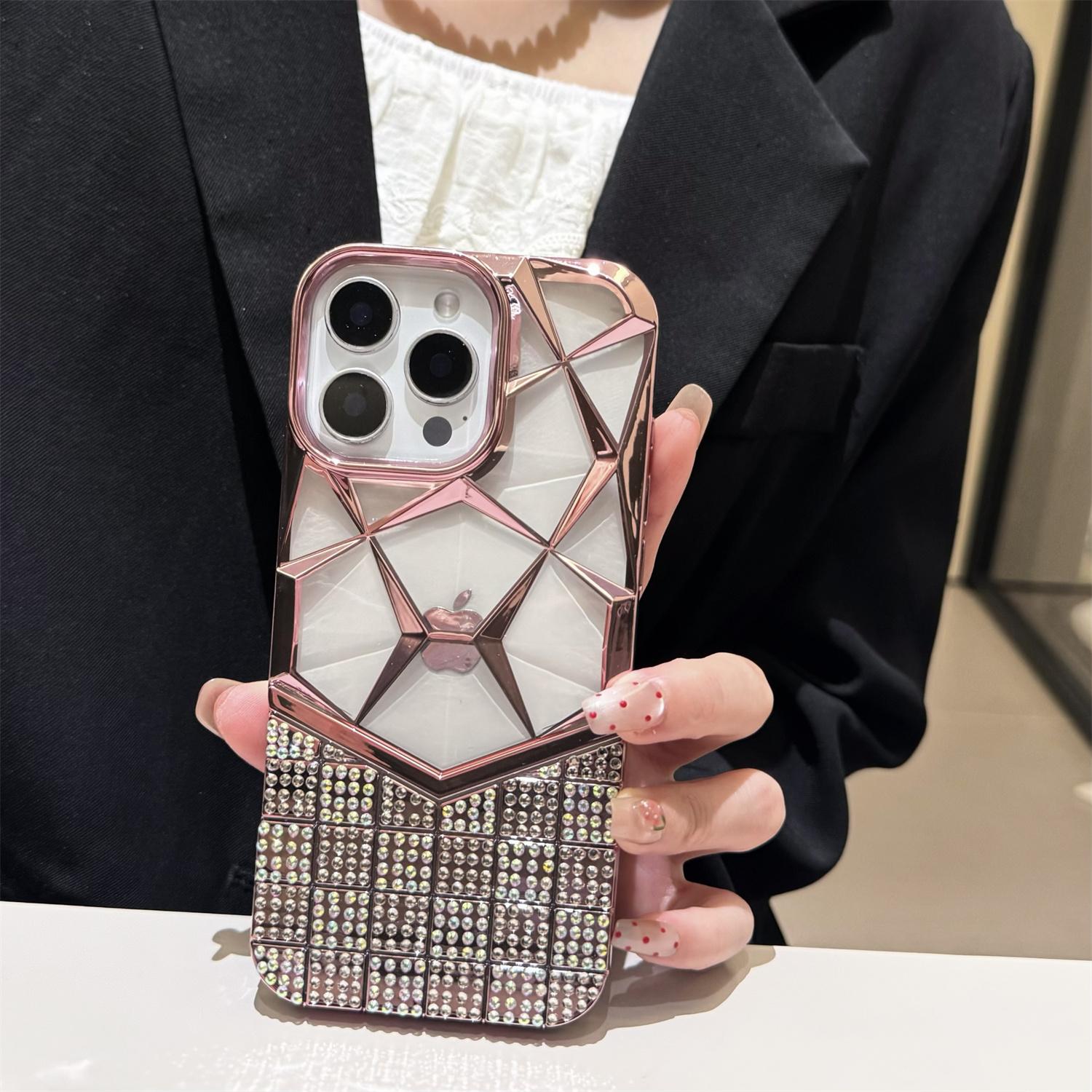 

For iPhone 16 Pro Max Case Geometric Diamond Pattern Rhinestone Decor Electroplating TPU Phone Cover