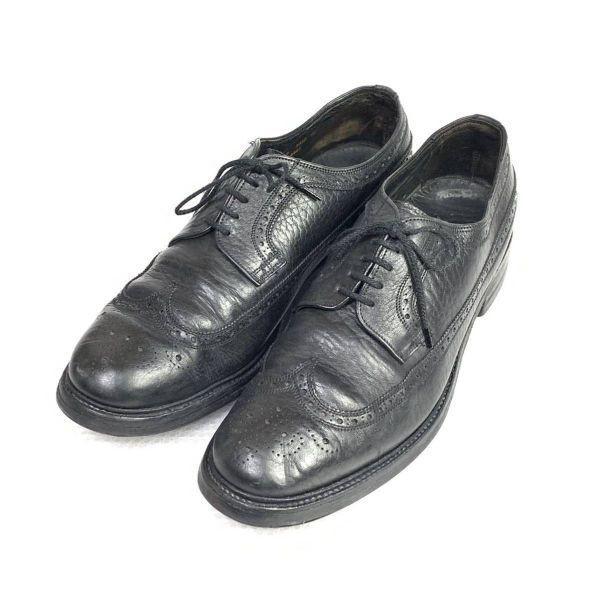 Vintage 70s-80s Unknown Brand Long Wingtip Leather Shoes Black 11 29.0(USED)