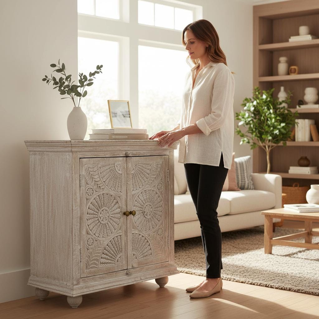 Hand-Carved Wooden Cabinet Whitewashed Storage Sideboard with Floral Mandala Design Bedside Indian Accent Furniture, Nightstand Self