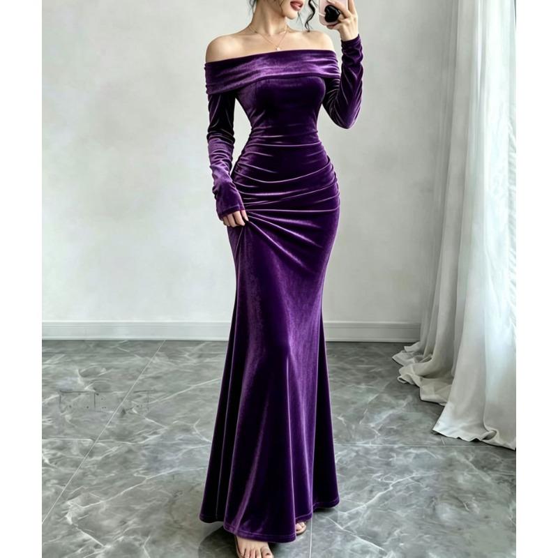 Women S Elegant Velvet Off Shoulder Bodycon Maxi Dress