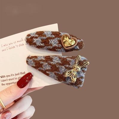 Retro Coffee Plaid Hair Clips, Golden Label Heart BB Clips, All-match Bang Side Hair Accessories For Women Daily Outdoor Use