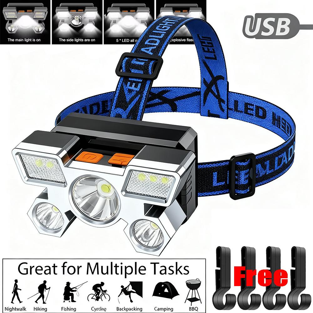 Ultra-bright Rechargeable Headlamp Portable 5 LED Headlight Head Torch Waterproof Working Light Outdoor Camping Fishing Cycling