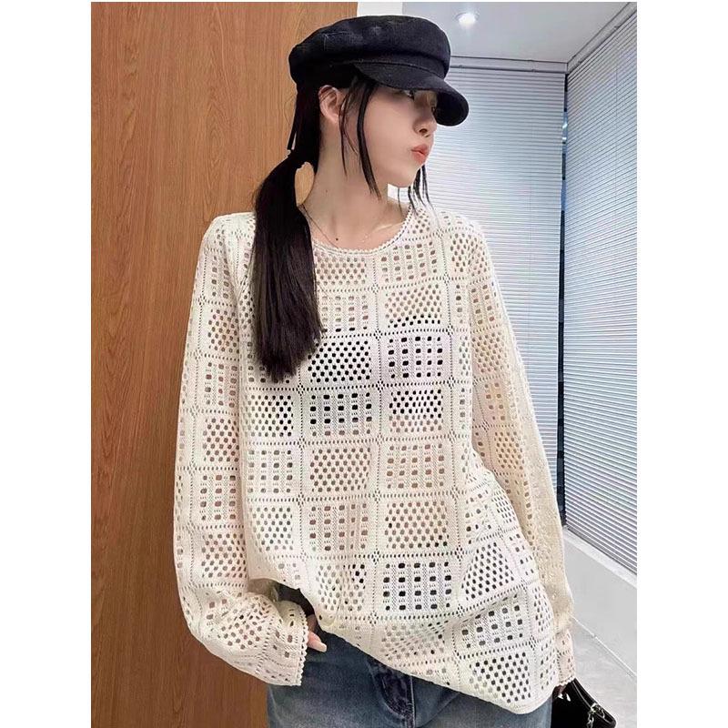 Women's Retro Korean Crochet Knit Cardigan - Loose, Hollow, Solid Color, Sun Protection - Spring/Summer 2025.