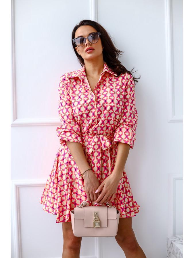 

Seven-Sleeve Printed Waist-Gathering Shirt Dress Large червоний