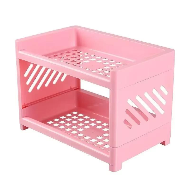 Double Layer Desk Organizer Multi-Tier Storage Rack for Office Supplies Books Stationery Pens Makeup Cosmetics Desk Accessories розовый