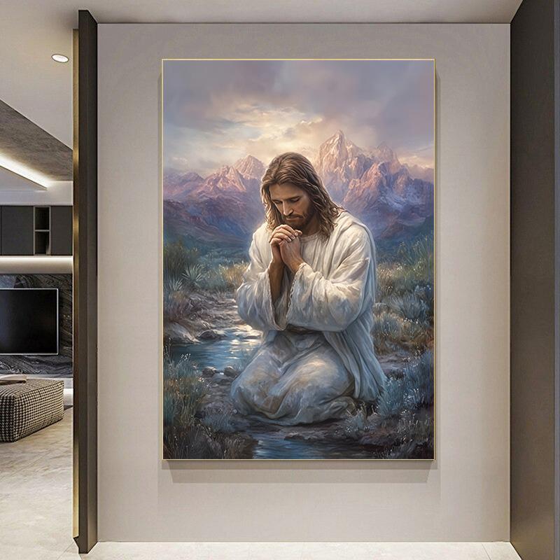 Jesus Praying Wall Painting Religious Image, Minimalist Nordic Style Prayer Painting  Printed On Canvas Home Decor Wall Art Pictures For Living Room