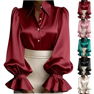 Damesmode Kleurkraag Knoop Lange Mouw Shirt Top