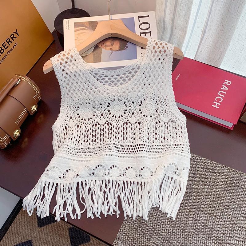 Literary and Artistic Solid Color Three-dimensional Hook-up Embroidered Lace Small Vest Large Size Women's Sleeveless Round Neck Casual Outer