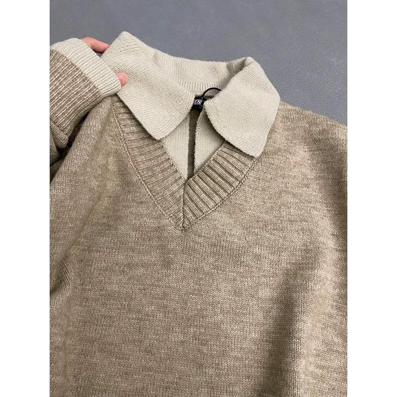 Old money wind fake two v-neck sweater men's autumn high-end American retro knitted Polo bottoming shirt