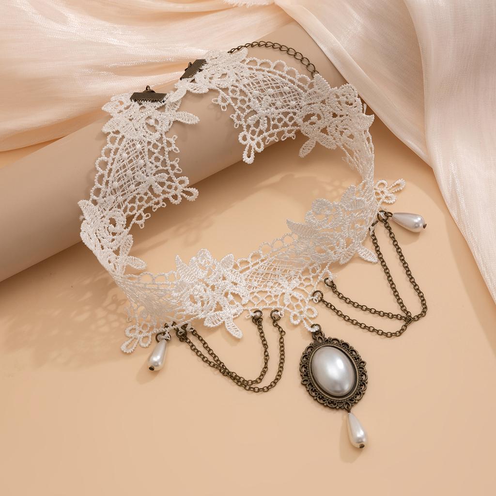 Pendentif Pierre Précieuse Imitation Perle Vintage Chaîne de Cou en Dentelle Choker Chaîne Métallique Personnalisée Collier à Franges