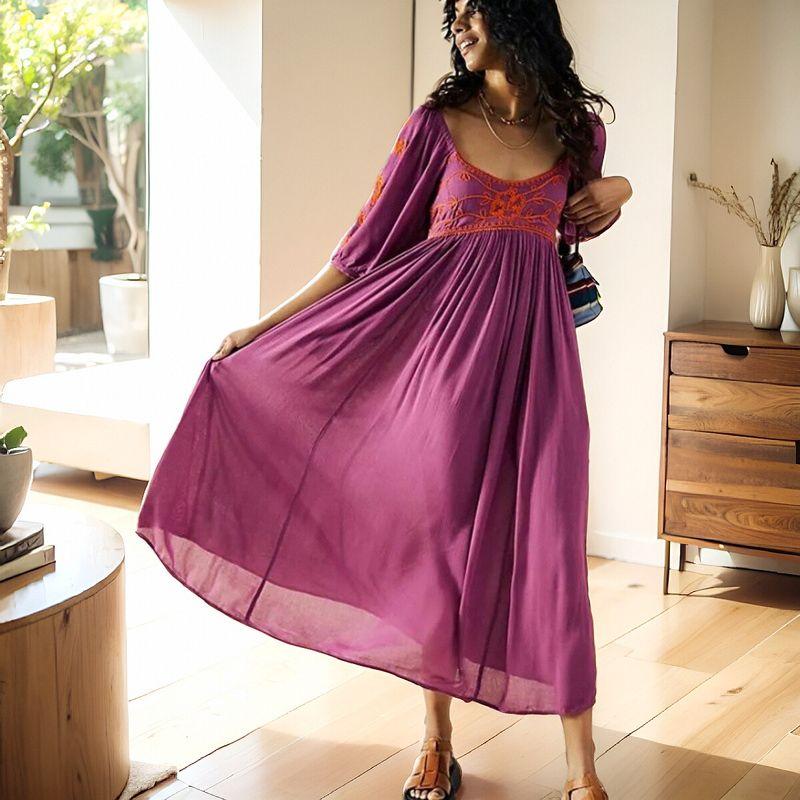 

3 цвета Лето Новое поступление Мода Стиль отпуска Винтажное платье с открытой спиной и вышивкой в виде цветов, рукава-фонарики, экспортная повседневная женская одежда Purple M