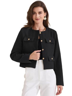 Allegra K Women's Cropped Tweed Jacket, Long Sleeve, Button-Down, Fall/Winter, Commuting, Business Blazer, Black, Size S