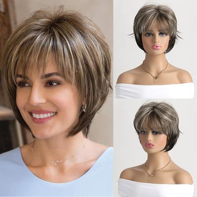 Women Synthetic Short Wavy Wigs Stylish Layered Brown Hair with Bangs for Daily Party Costume Heat Resistant Fibre