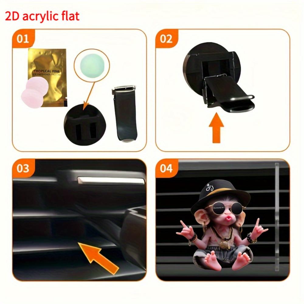 2D Flat, 2-pack Cute Hip-hop Monkey Car Air Vent Freshener Clips, Acrylic Aroma Diffuser with Pad, Stylish Car Interior,no Fragrance Is Included