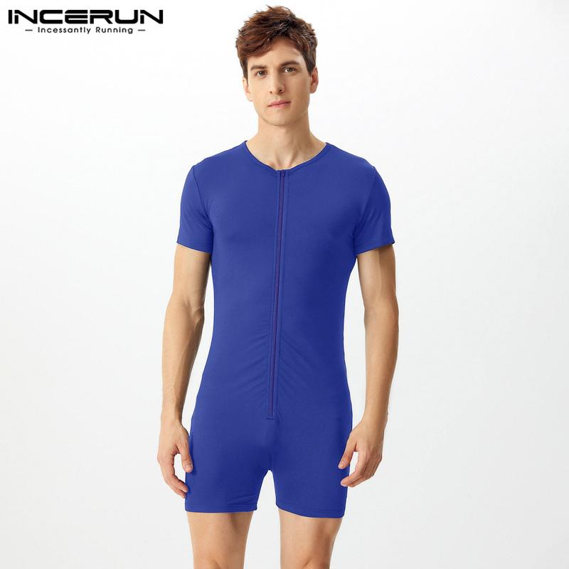 INCERUN Summer Men Short Sleeve Front Zipper Jumpsuits Sleepwear Pajamas Homewear