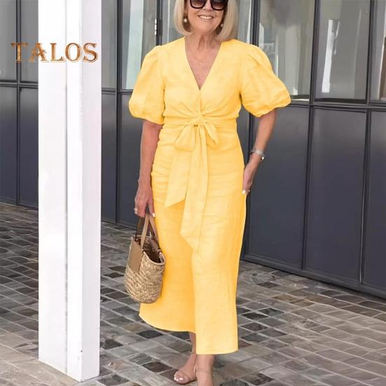 

Женское летнее платье с объемными рукавами на шнуровке, тонкая талия с бантом, однотонное, с v-образным вырезом, трапециевидное, свободное, повседневное, платье миди 2XL розовый