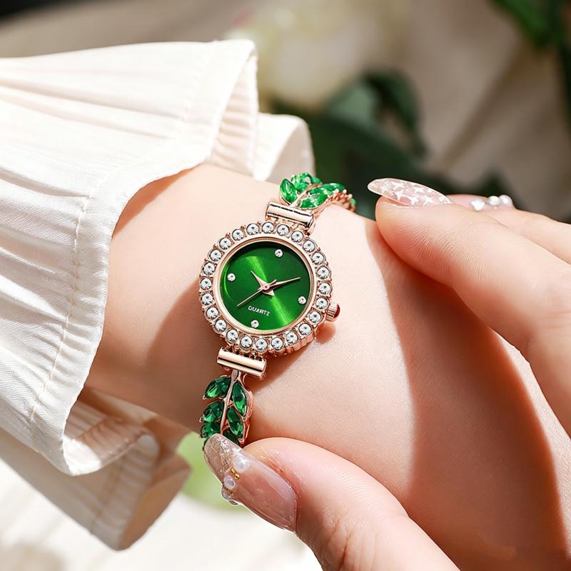 New Fashion Women Quartz Watch Leaf Design Slim Strap Rhinestone Round Dial Pull Adjustable Bracelet Wristwatch