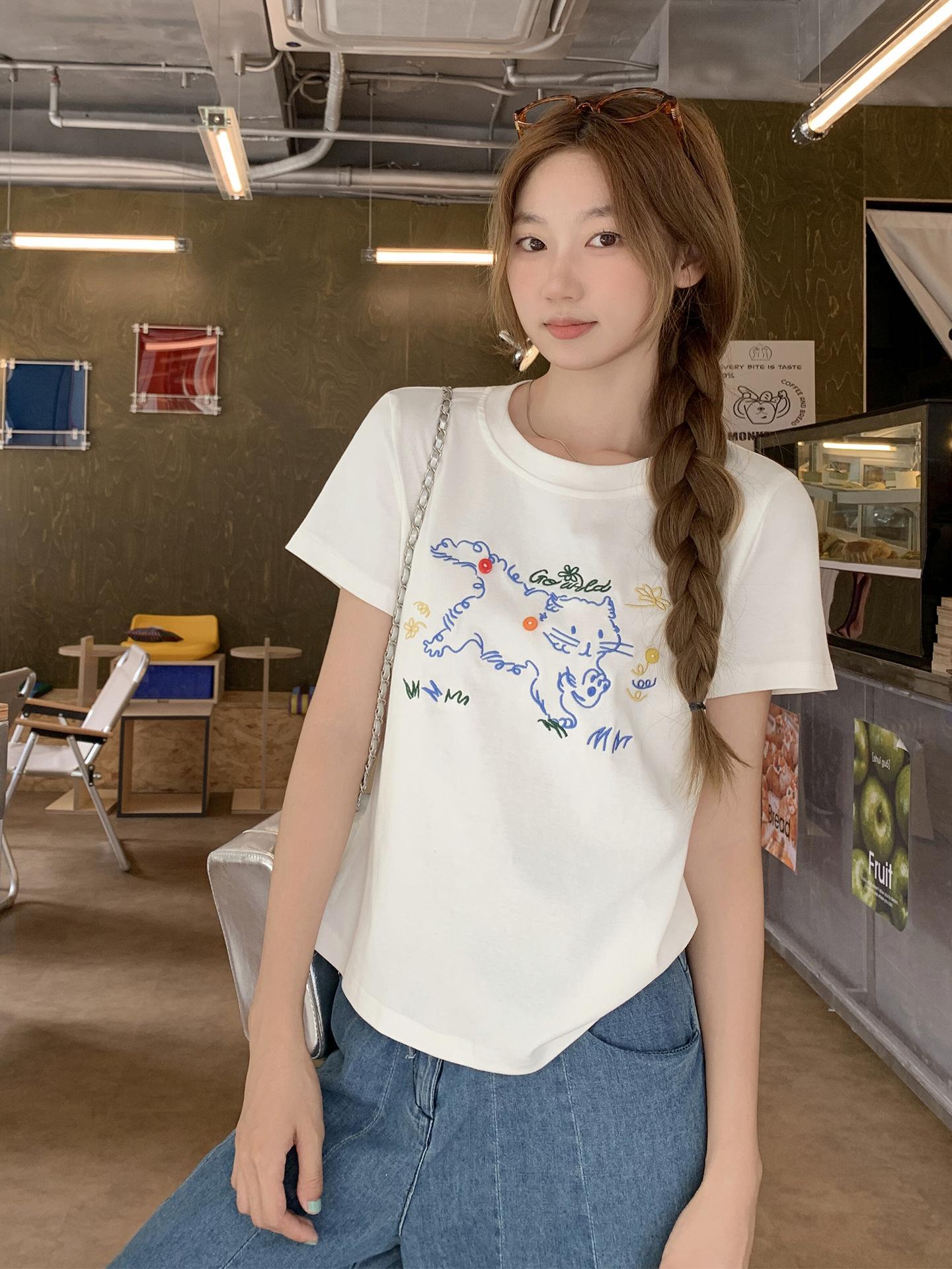 

Korean cute cat embroidery design short-sleeved t-shirt women s summer new loose and thin lazy top S белый