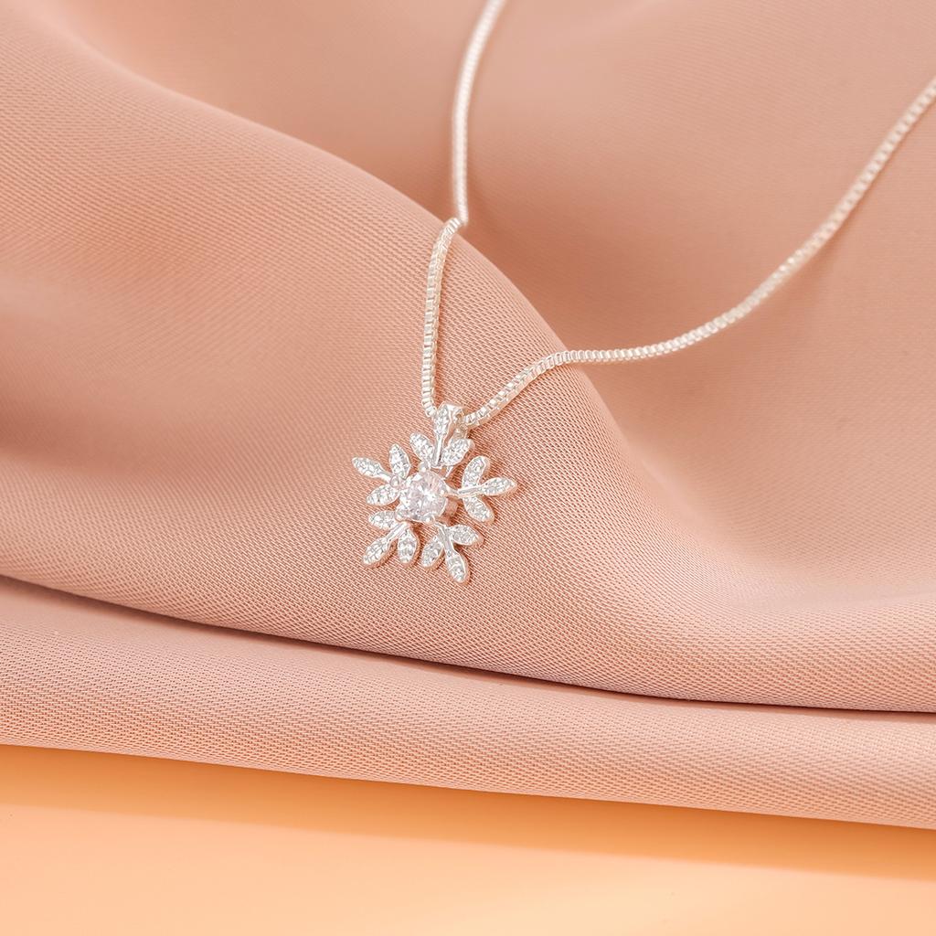 925 Silver Snowflake Crystal Flower Pendant Necklace for Girls