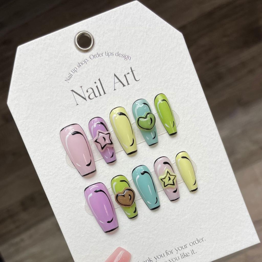 10pcs/set Purely Handmade Wearable Nails Removable Nail Art French Simple False Nails Finished Long and Short Nails