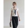 Korean fake two-piece U-neck Lyocell polka dot lace-up short-sleeved T-shirt women's summer new front shoulder cool and thin top