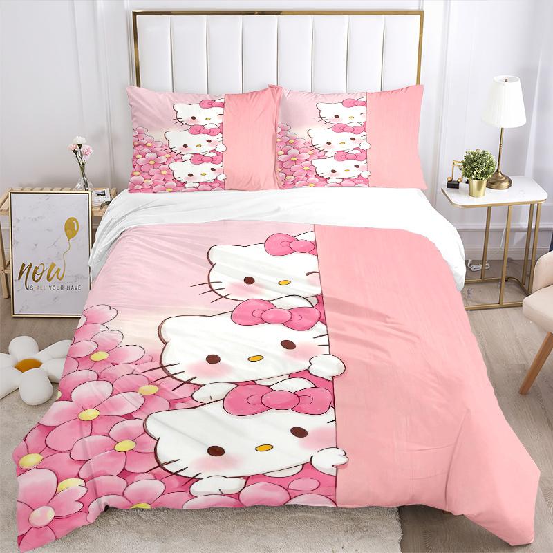 3pcs Three Pink Hello Kitty Design Printed Bedding Set, Soft and Comfortable Quilt Cover for Bedroom, Guest Room (Not Included).W104
