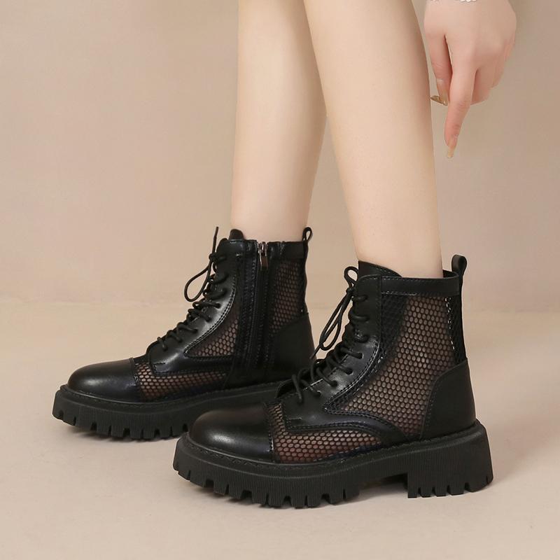 2025 Summer New Round Head Mesh Breathable Lace Up Back Zipper Versatile Cool Boots Thick Sole Comfortable Single Shoe Women