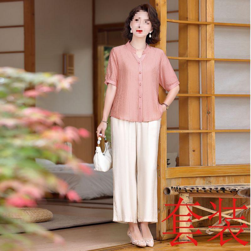 Summer Two-Piece Set: Elegant Short-Sleeved Top & Bottoms for Middle-Aged and Elderly Mothers