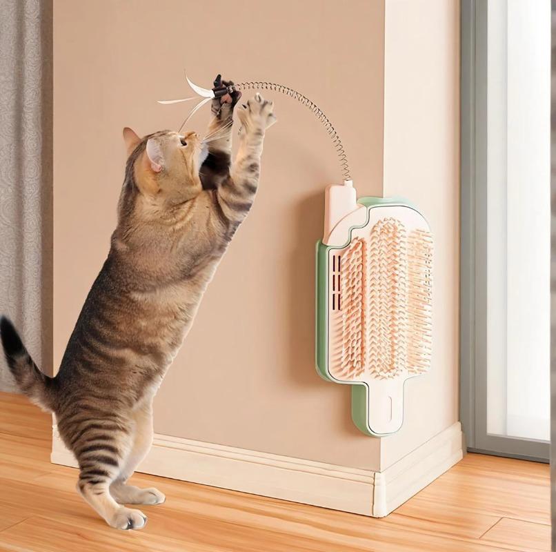 Multifunctional Cat Hair Rubbing Device, Soft Bristles with Catnip Balls & Spring Toys, Wall-Mountable