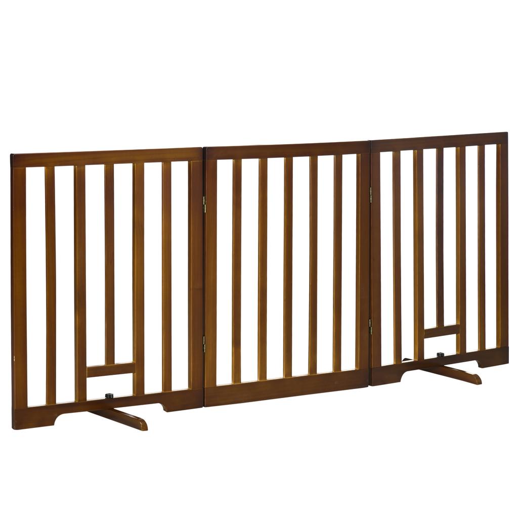 Foldable Dog Gate with 3 Panels with Anti-Slip Feet for Corridors, Stairs and Rooms, In Pine Wood, 181x35x76 Cm, Dark Brown