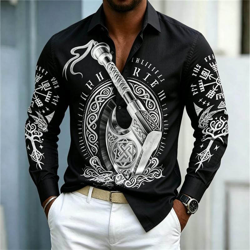2026 New Men s Shirt Axe Rune Printed Long Sleeve Shirt Personalized Retro Casual Shirt Fashion Design Casual Long Sleeve S
