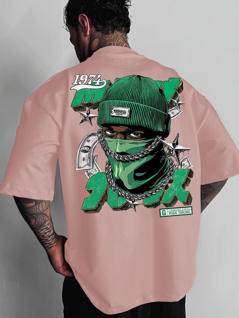 Unisexs Oversized Hip Hop Streetwear Tshirt Brand 1974 Mask Gangster Money Chain Graphic Print Loose Fit Cotton Short Sleeve Whit