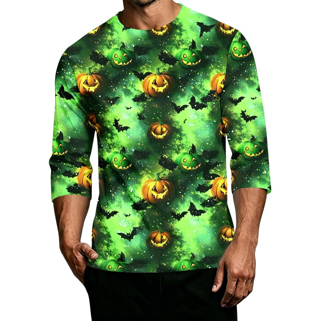 Men's Casual Halloween Print Crew Neck T Shirt Three Quarter Sleeve Top Comfortable Fit Lightweight Fabric Stylish Design
