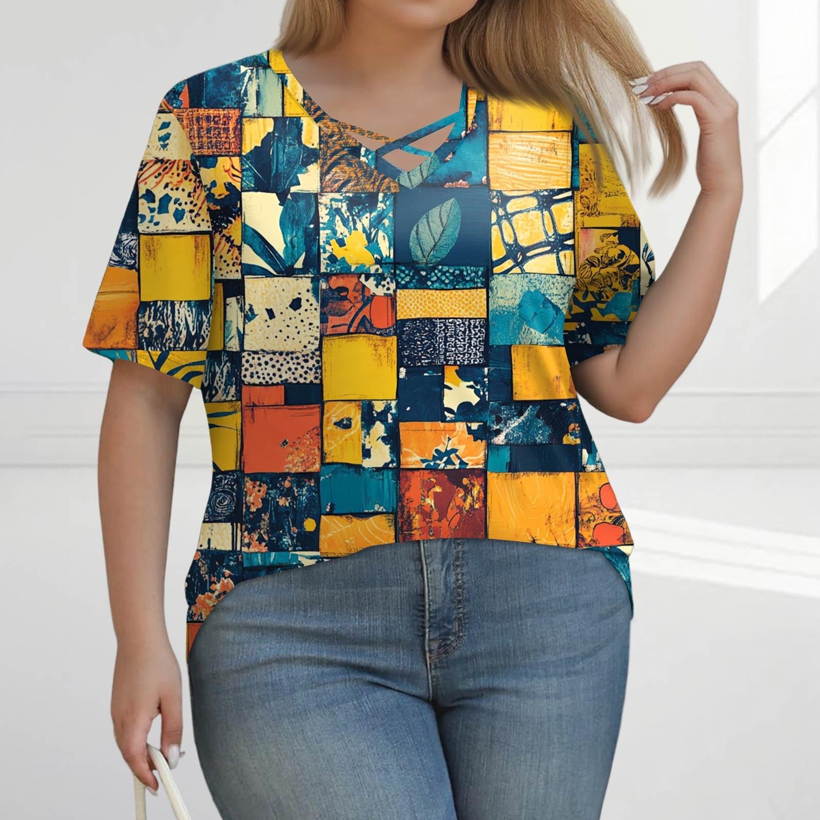 

Жіноча мода Повсякденна однотонна футболка з принтом у смужку з V-подібним вирізом та коротким рукавом великого розміру L