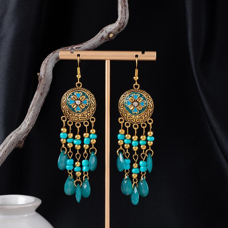 Ethnische Stil Mehrschichtige Wassertropfen Reiskorn Fransenohrringe Damen Bohemian Urlaubsfoto Ohrringe Retro Lange Ohrringe