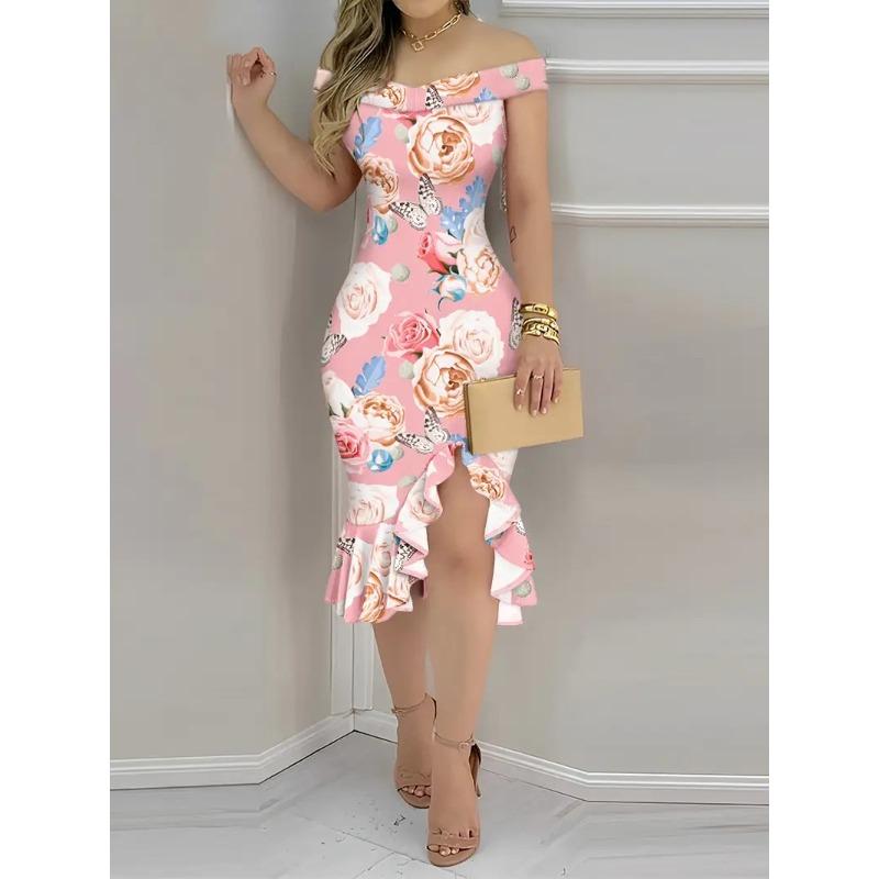 Wish Damen One-Shoulder Sexy Off-Shoulder Rüschenkleid Damenbekleidung