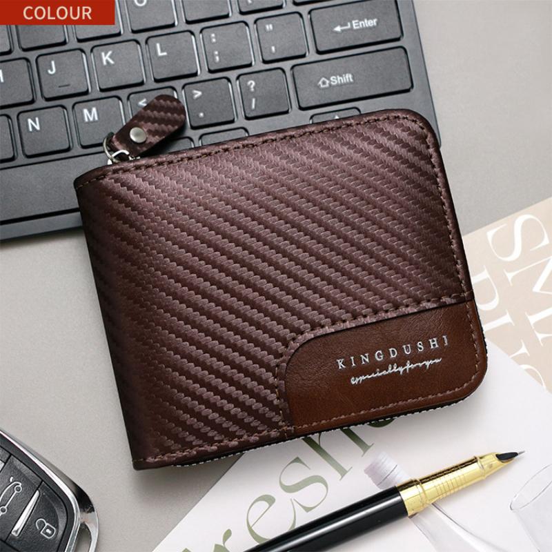 New Trendy Carbon Fiber Short Wallet Men Card Bag Integrated Zipper Change Bag Holder Bifold Clutch Solid Hombre Business Purse