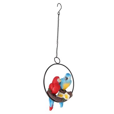 Metal Ring Double Parrot Statue Decorative Resin Perching On Branch Bird Figurine Ornament for