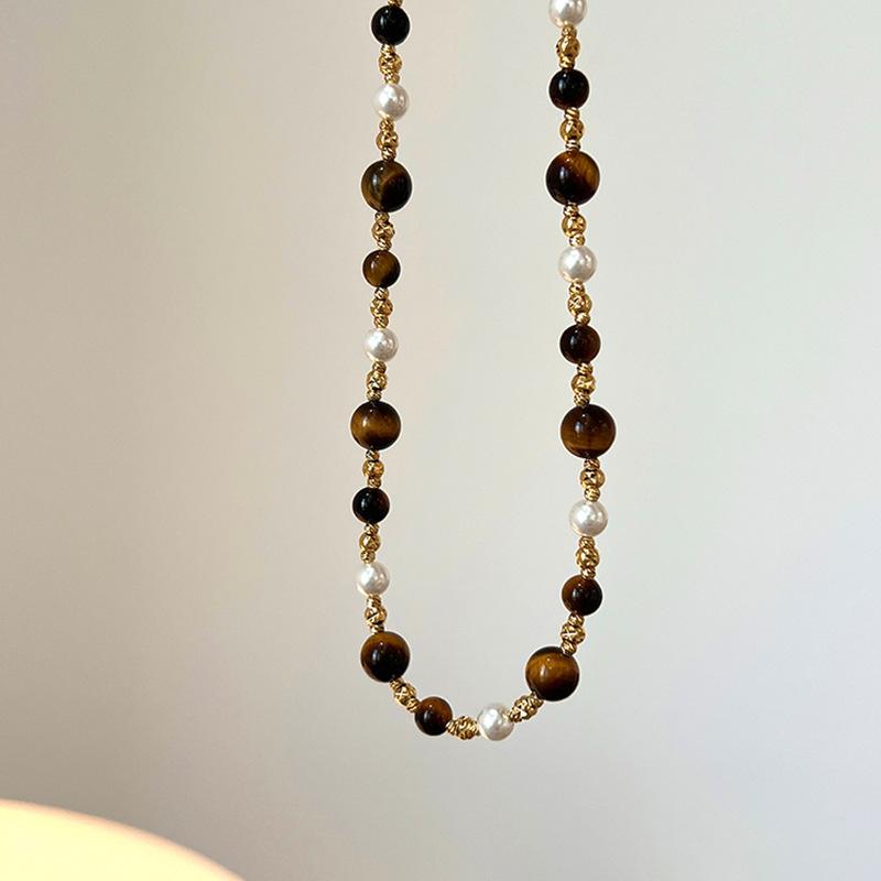 New Trendy Natural Tiger Eye Stone Bracelet Pearl Collar Chain Necklace for Women Punk Vintage Handmade Beads Jewelry Set Gifts