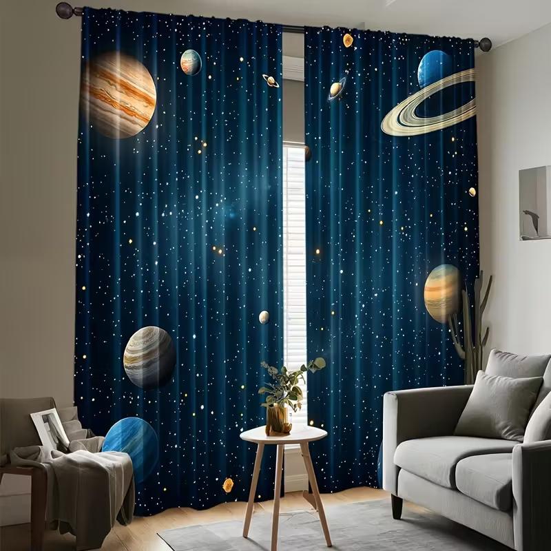 2 Pcs Cosmic planets print curtains,suitable for bedroom,living room kitchen decoration,home decoration,window decoration