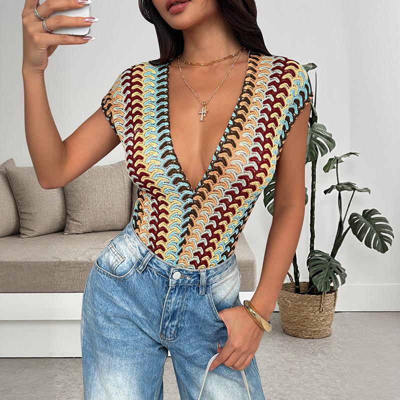 2026 Summer Colorful Embroidered Striped Deep V-neck Sleeveless Jumpsuit for Women L