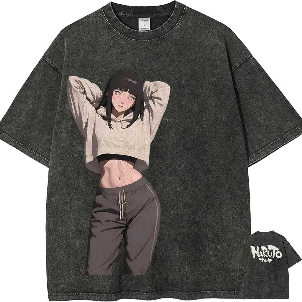 Summer Naruto Hinata Hyuga T Shirt Waifu Vintage Acid Wash Streetwear  Retro Anime Graphic Cotton Men Tees Top Clothing