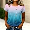 Women Casual Short Sleeve T Shirt Button Front Crew Neck Ombre Gradient Top Lightweight Soft Fabric Summer Wear