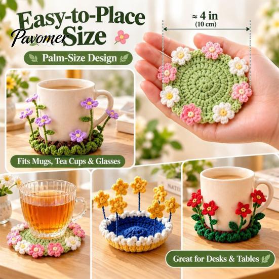 Decorative Tea Cup Pad Blooming Crochet Coaster, Handmade 3D Flower Mat for Coffee Mug Rug Tea, Cotton Yarn Drink Floral Table Decor Desk Protector