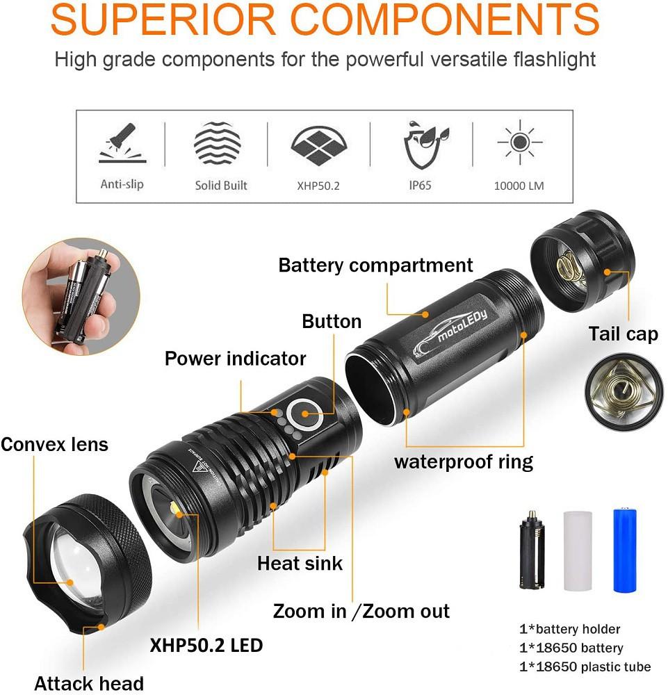 Powerful LED Tactical Flashlight 10000lm 600m USB C