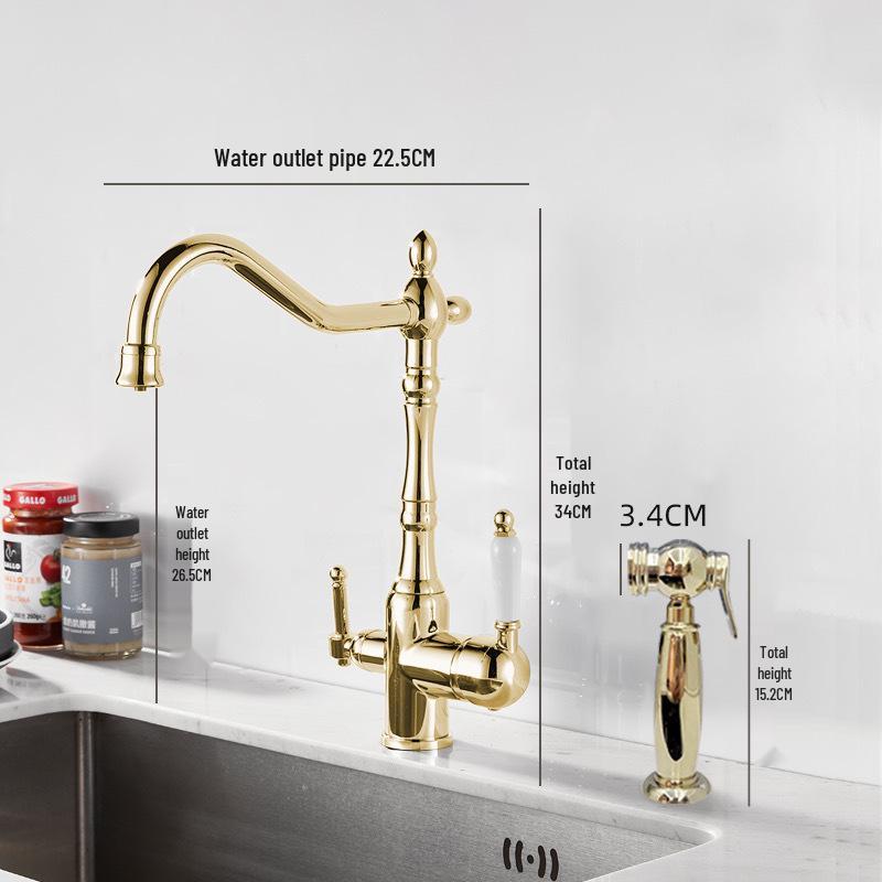 Antique Gold All-Copper 3-in-1 Kitchen Faucet: Hot/Cold Water for Sink & Vegetable Wash Basin, Splash-Proof Design