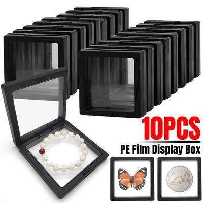 PE Film Display Box 3D Floating Coin Ring Necklace Earring Packaging Box 7x7cm Transparent Visible Jewelry Dustproof Storage Box